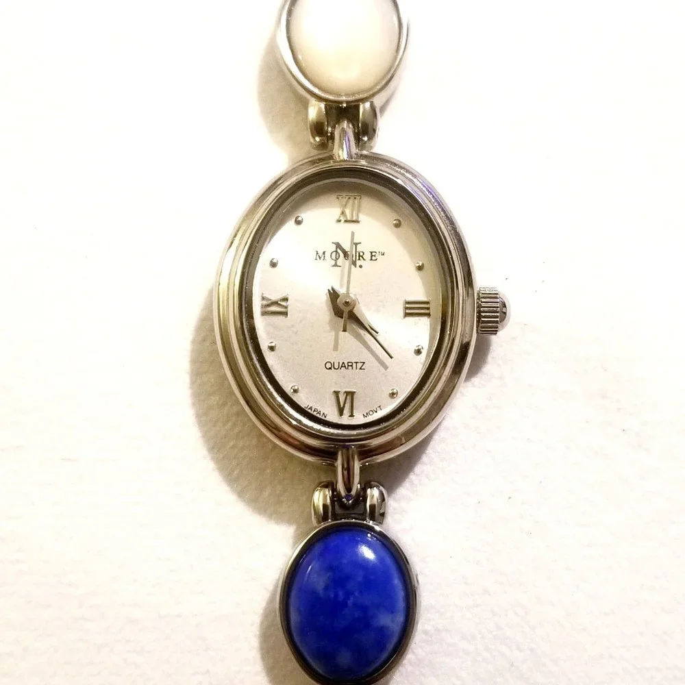 Women's N Moore Silver-toned Watch w/Lapis Lazuli, Mother of Pearl and Car…